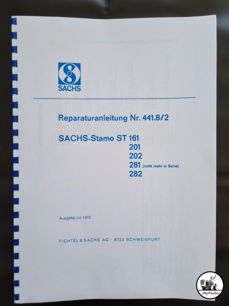 Reparaturanleitung Sachs Stamo ST 161 201 202 281 282 Die Motoren wurden unter anderem verwendet in folgenden Maschinen: Holder E6, A8 F, E8 F DIA SZ50 S Schmutzwasserpumpe Bungarts F6B6, FK, F6B8 Einachsschlepper Werner Zieh-Max Sabo 55-202 Schleising Taifun Laubbläser Bosch BSKA 5 Stromaggregat Heinkel L 282 N 25 Stromaggregat
