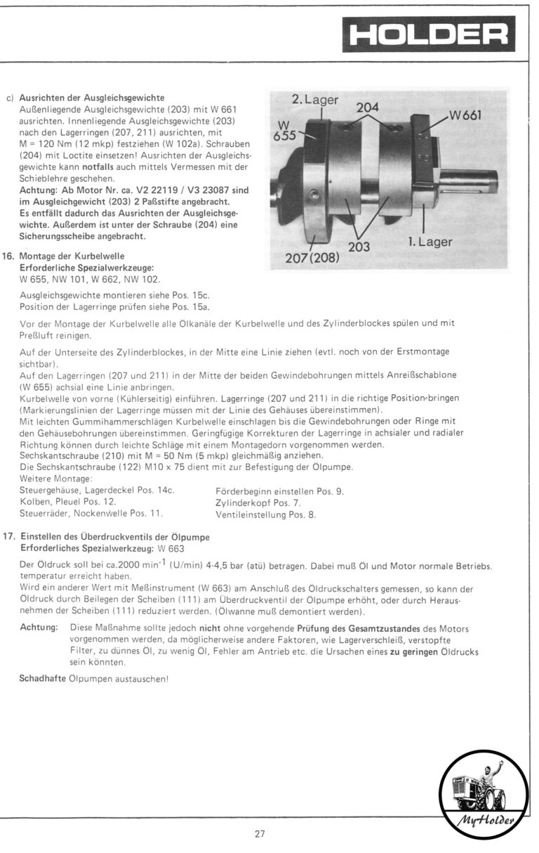 Montageanleitung zu den Viertakt-Dieselmotoren Holder VD2 und VD3 - Reparaturanleitung Seite 27 Kurbelwelle