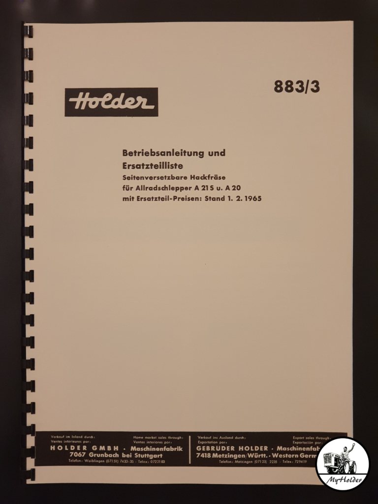 Holder A20 A21S 883-3 Seitenversetzbare Hackfräse Betriebsanleitung und Ersatzteilliste