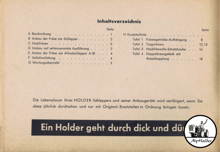 Holder Hackfräse 883-3 für Holder A20 und A21S Betriebsanleitung und Ersatzteilliste - Inhalt