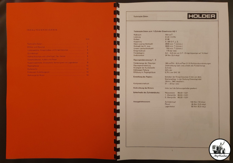 Holder HD1 Demontage- und Montagehinweise (Reparaturanleitung) 1974 - Technische Daten
